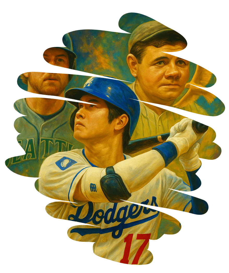 Painted artwork of Shohei Ohtani at bat for the Los Angeles Dodgers, with baseball legends in the background